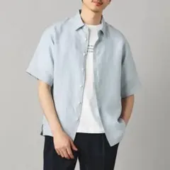 【美品】ベルギーリネン 半袖レギュラーカラーシャツ サックスブルー Lのサムネイル