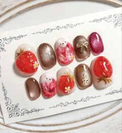 ショートオーバル★イチゴネイルストロベリーお花マグネットくまさん春ネイル韓国