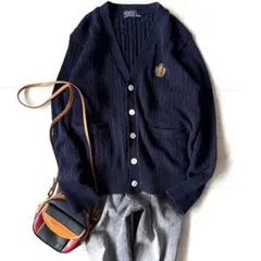 美品 ポロラルフローレン ケーブル編み ワッペン刺繍 ニットカーディガン 紺