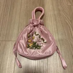 中華風 中国風 刺繍 巾着 ミニ ハンド バッグ ピンク