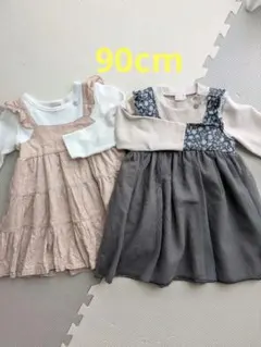 【2着セット】90　petit main フリル付きワンピース 2着