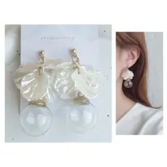 残1‼️ガラスドーム　花びら　ピアス　イヤリング　大ぶり　ハンドメイド　きれいめのサムネイル