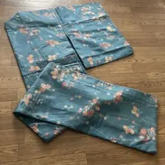 青系の着物　花柄　単衣　紬
