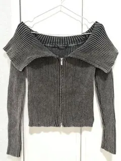 オフショルダー ニット 長袖 グレー チャック