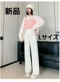 新品 アイボリー マタニティーワイドパンツ L アジャスター付き ストレッチ