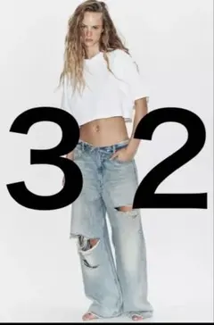 ZARA TRF ダメージ加工ミッドライズ折り返しウエストデニムパンツ 32