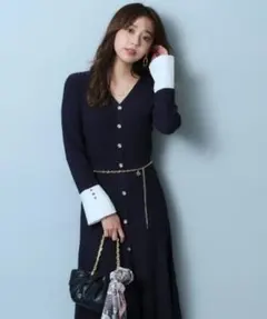 24AW ジャスグリッティー 袖カフス リブニットワンピース 金ボタン Aライン