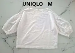 UNIQLO コットンギャザースリーブT（5分袖）麻混　ホワイト　M