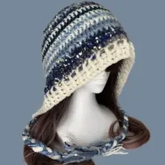 バラクラバ　フード帽　ブルー×アイボリー　ハンドメイド編み物帽子y2k モヘア調