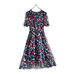 ヴィンテージ 総柄 フレアワンピース ロング丈 半袖 ベルト付き M レトロ