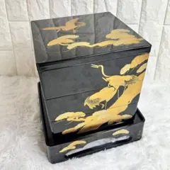 京漆芸千年の漆芸 象彦 九代西村彦兵衛 松喰鶴 極上 黒地金彩蒔絵三段