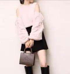 NICE CLAUP あざと肩あきフェザーニット ピンク