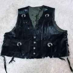レザー フリンジ ベスト バラ刺繍 ブラック 70sフリンジレザーベスト