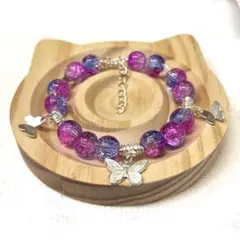 ハンドメイド　ブレスレット　ガラスビーズ　ブルーパープル　蝶（49）