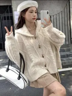 アイボリー ケーブルニット フード付き カーディガン