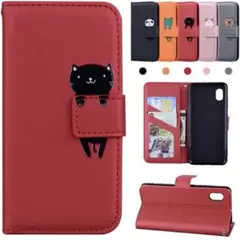 Galaxy A20/A21 スマホケース 赤 レッド 猫 手帳型 カード