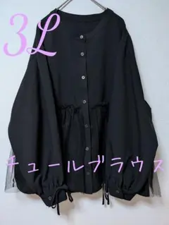 ブリストーム 3L バンドカラー 長袖 フリル チュール シャツ ブラウスのサムネイル