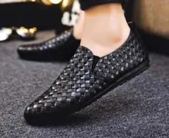 モカシンシューズ メンズ スリッポン ローファー 編み込み ブラック 26㎝