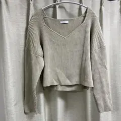 JEANASIS リブ編み Vネック 長袖 クロップドセーター ベージュ