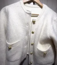 anuansラクーンブレンドノーカラーニットジャケット アイボリー