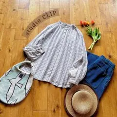 スタディオクリップ＊フリル衿 チェック柄 長袖ブラウス ブラウン×白 Lサイズ