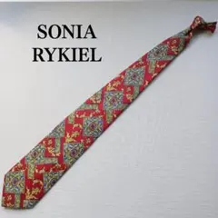ソニアリキエル ネクタイ 赤色基調 豪華総柄 シルク100％ 定番【n7682】