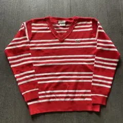 LACOSTE Vネック ニット セーター ボーダー レッド
