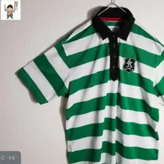 ポロシャツ　ボーダー　白　緑　襟黒　刺繍ワッペン　だぼ　ハーフボタン　LL