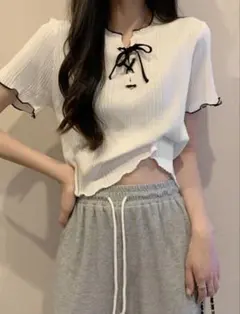SHEIN サマーニット 半袖ニット メロウスリーブ リボン ホワイトのサムネイル