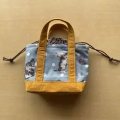 巾着袋ミニトートバッグ　猫　マスタード色