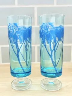 レトロ グラス アデリア 脚付 セット 昭和 ガラス コップ ブルー 森林 木