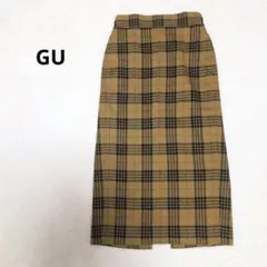 GU ナロースカート ミディ丈 チェック柄マ スタード タイト