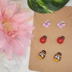 【限定１点】ピアス　イヤリング　てんとう虫　蜂　花パープル　３ペアセット☆