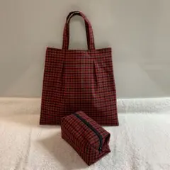 ハンドメイド　ファミリア風チェック　ふっくらバッグ　キャラメル型ポーチ　セット