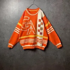 復古針織衫 橘色 白色 動物角色 刺繡 滿版圖案