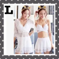 水着 レディース 3点セット【L】透け感 レース p♡日焼けも体型もカバー♡