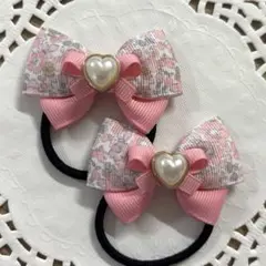 ハンドメイド ヘアゴム 花柄 ピンクリボン ハート a524