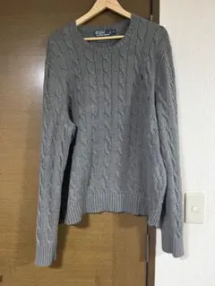 ポロラルフローレン コットン ニット ケーブル編み グレー ポニー刺繍 XL