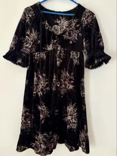 花柄ベルベットチュニック 五分袖 ブラック