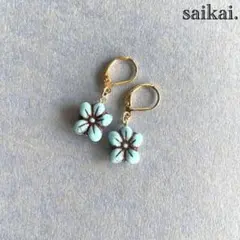 [521]チェコガラスフラワーのシンプルピアス ブルー ミント ハンドメイド