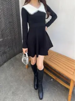 【GRL】フェザーオフショルカラーフレアニットミニワンピース