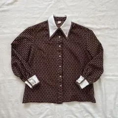 【polyester shirt】ポリシャツ ブラウン クレリック レトロ 古着