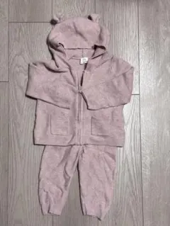 ピンク クマ耳フード付きニット生地パーカー・ズボン　セットアップ　80cm