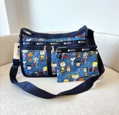 新品タグ付 レスポ スヌーピーPEANUTS青 ショルダー A4 拡張 ポーチ付
