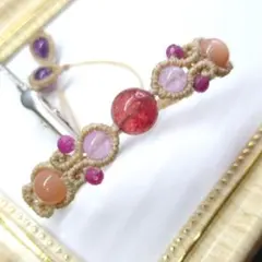 #566マクラメブレスレット：ストロベリークォーツ/ルビー/オレンジムーン