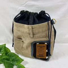 デニムリメイク巾着バッグ　ハンドメイド　巾着ショルダーバッグ　リバーシブル