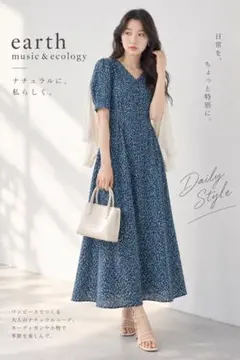 earth music&ecologyロングワンピース 半袖 ネイビー Aライン