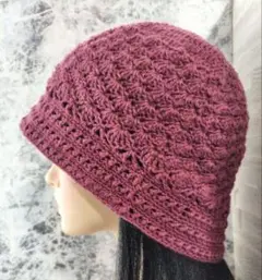 コットン　バケットハット　ケア帽子　小豆色　クラッシャーハット　クロシェハット