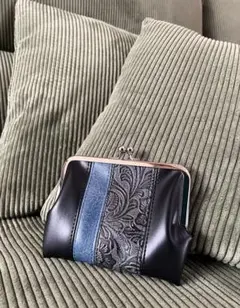 coach コーチ　がま口　ミニ財布　ブラック　レザー　金ロゴ　ブルー　ラメ coach コーチ がま口 ミニ財布 ブラック レザー 金ロゴ ブルー ラメ
