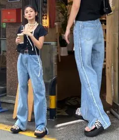 by muni:r サイドフリンジスリットパンツ ライトブルー